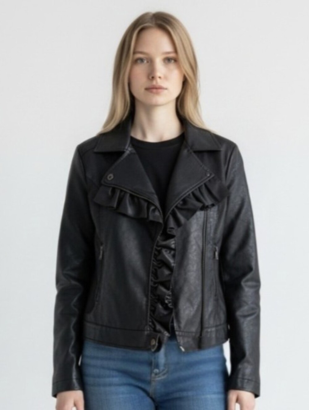 RUE 21! AWESOME RUFFLE FRONT VEGAN LEATHER BIKER STYLE JACKET, COAT! SZ XL